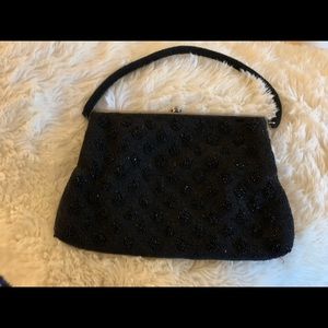 1980s I. Magnin & Co black beaded evening handbag
